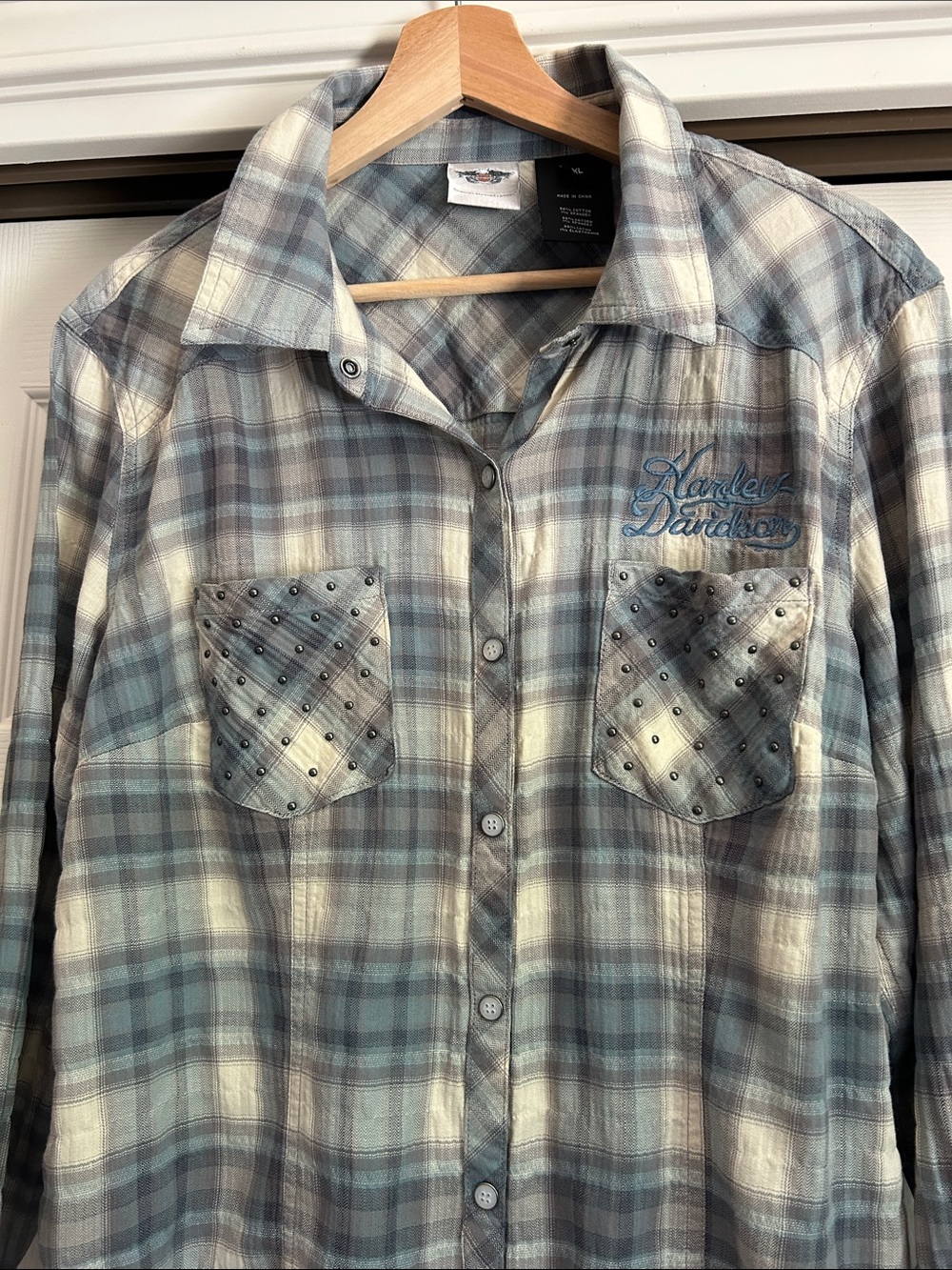 Harley-Davidson Plaid Studded Cotton Button-Down Shirt Bikercore Size XL